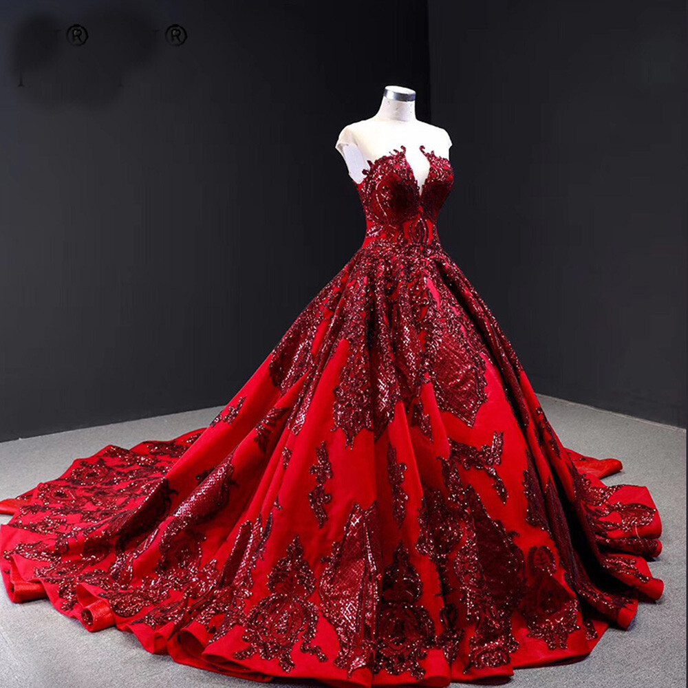 Wine Red Sequin Lace Wedding Dresses Satin A-line Bridal Gown Long Train