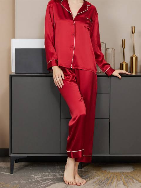 Red plaimn silk night suit for women